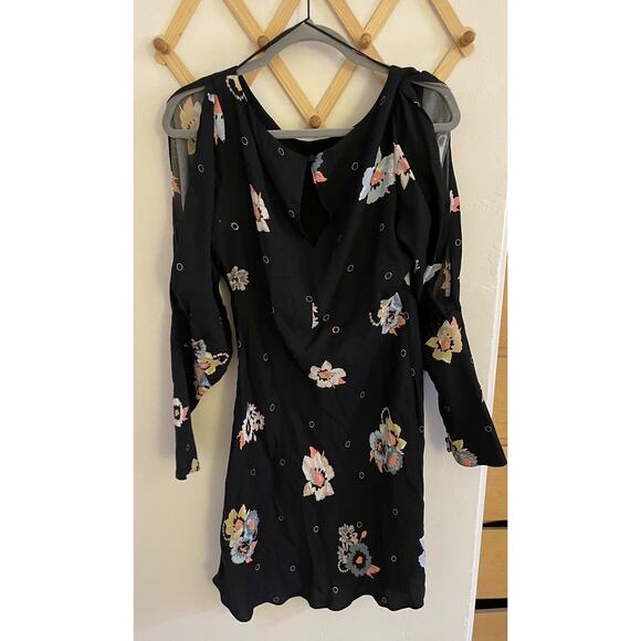 Free People Dress Womens 8 Black Mini Flowers Long Sleeve Cut Out Bohemian - Picture 7 of 9